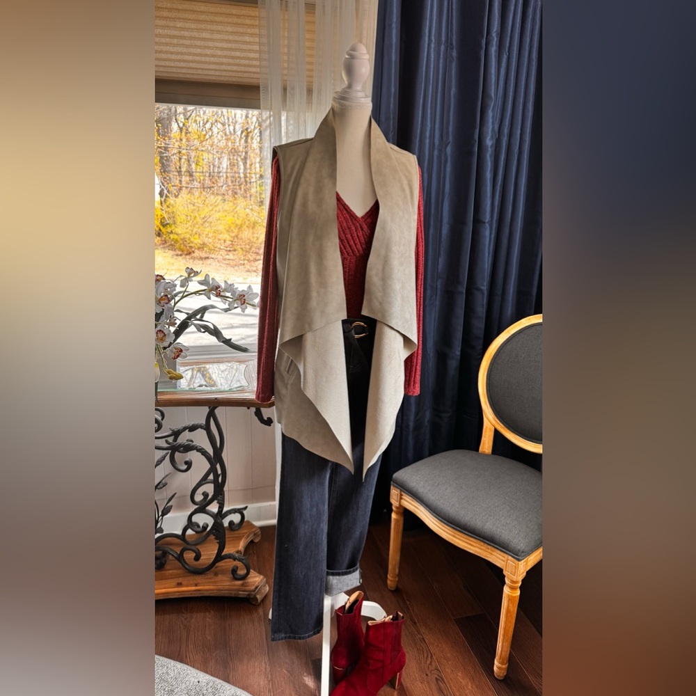 Joan Vass Faux Leather Gray Waterfall Vest with Zippered Pockets